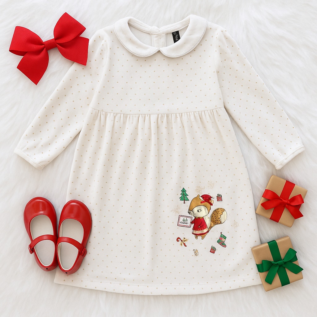 🎄 Sergent Major Long Sleeve White Gold Star Velour Holiday Dress – Girls Size 8 (128 cm)