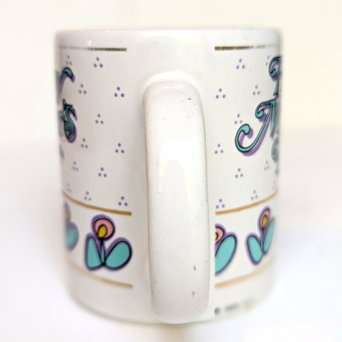 Vintage 1990s Mother’s Day Mug | 1994 Retro Ceramic Coffee Cup | Aqua & Purple Floral Design | Home Gift for Mom