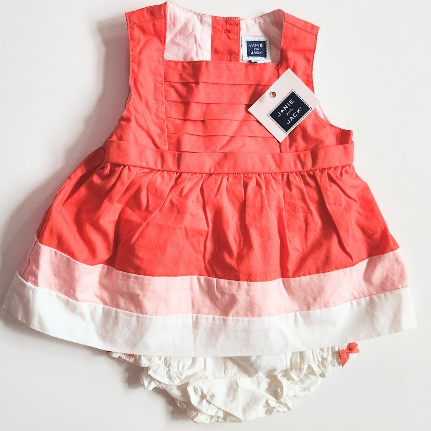 ✨ Janie and Jack Coral & Peach Batiste Baby Dress w/ Bow + Bloomers | Size 6-12M | NWT