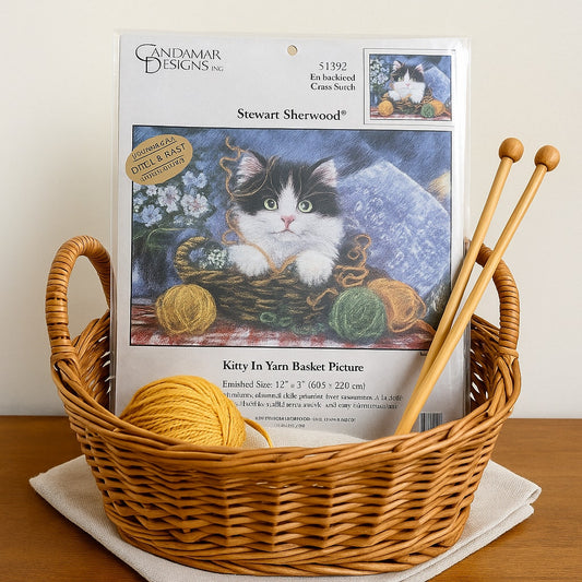 🧵 Kitty in Yarn Basket – Vintage Embellished Cross Stitch Kit by Candamar Designs | Home