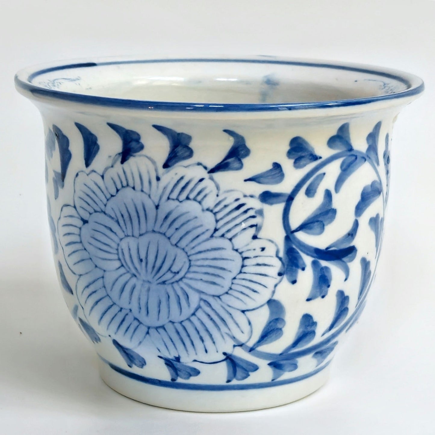 1980s Blue & White Ceramic Planter Pot