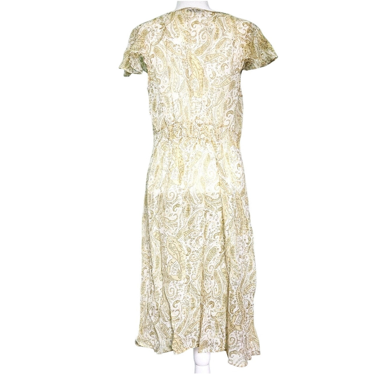 Lucky Brand Yellow Paisley Boho Midi Dress | Women's Size L | Short Flutter Sleeves Lightweight Summer