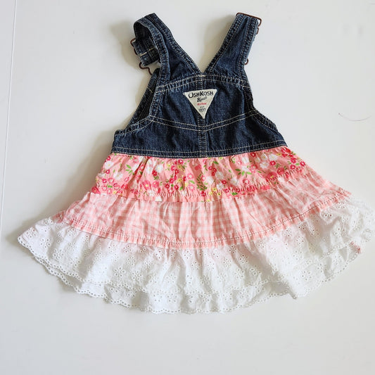 Oshkosh B'Gosh Pink Floral Gingham Eyelet Skirted Overalls | Baby Size 12 months