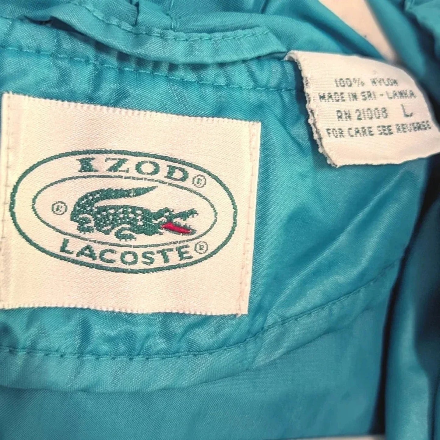 Vintage 80s Lacoste Teal Windbreaker Jacket | Size Large | Retro Nylon Pullover Hoodie