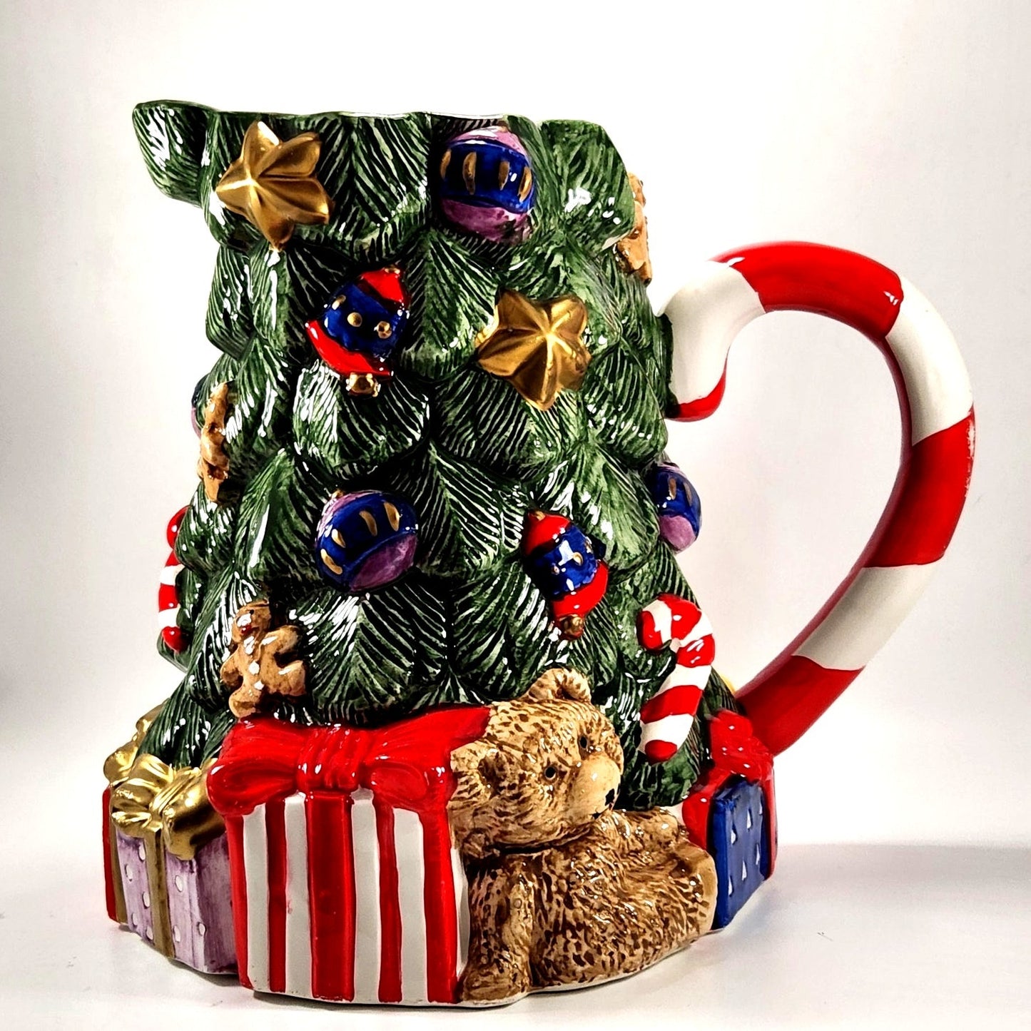 1994 Christmas Tree Ceramic Pitcher with Candy Cane Handle, Teddy Bear & Gift Box Details