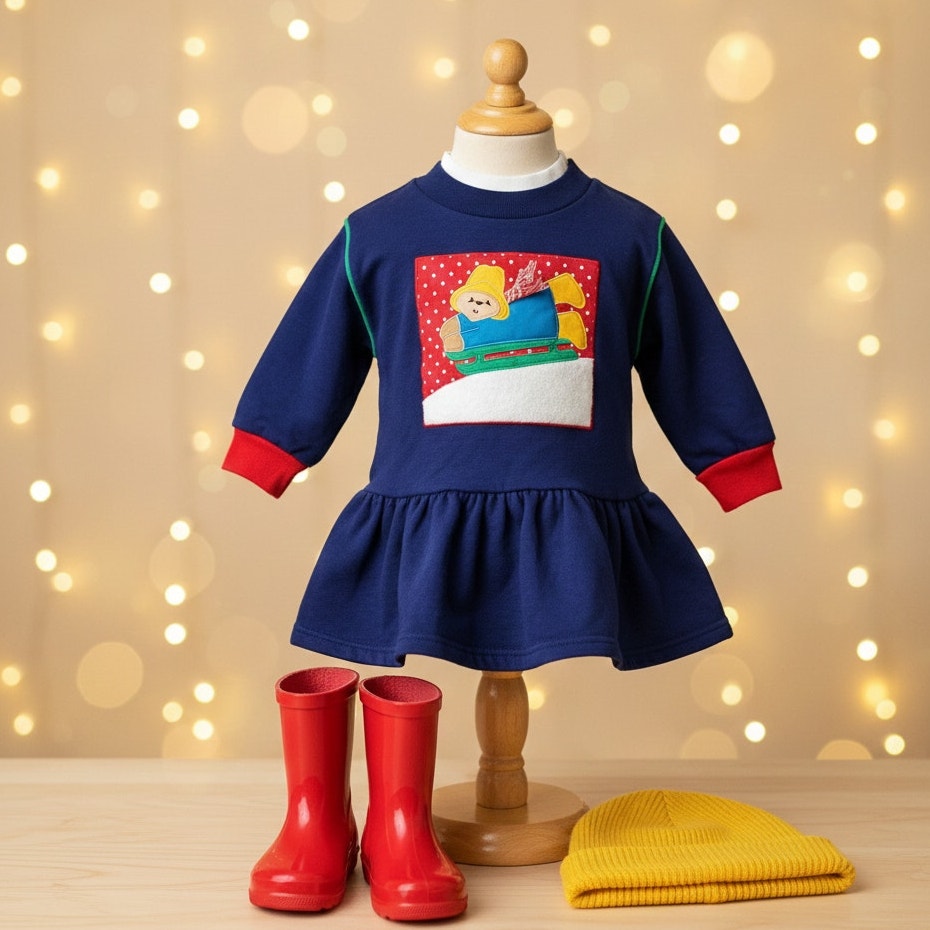 Paddington Bear Vintage 1990s Toddler Girls Blue Sweatshirt Dress Winter Sledding Applique Size 3T