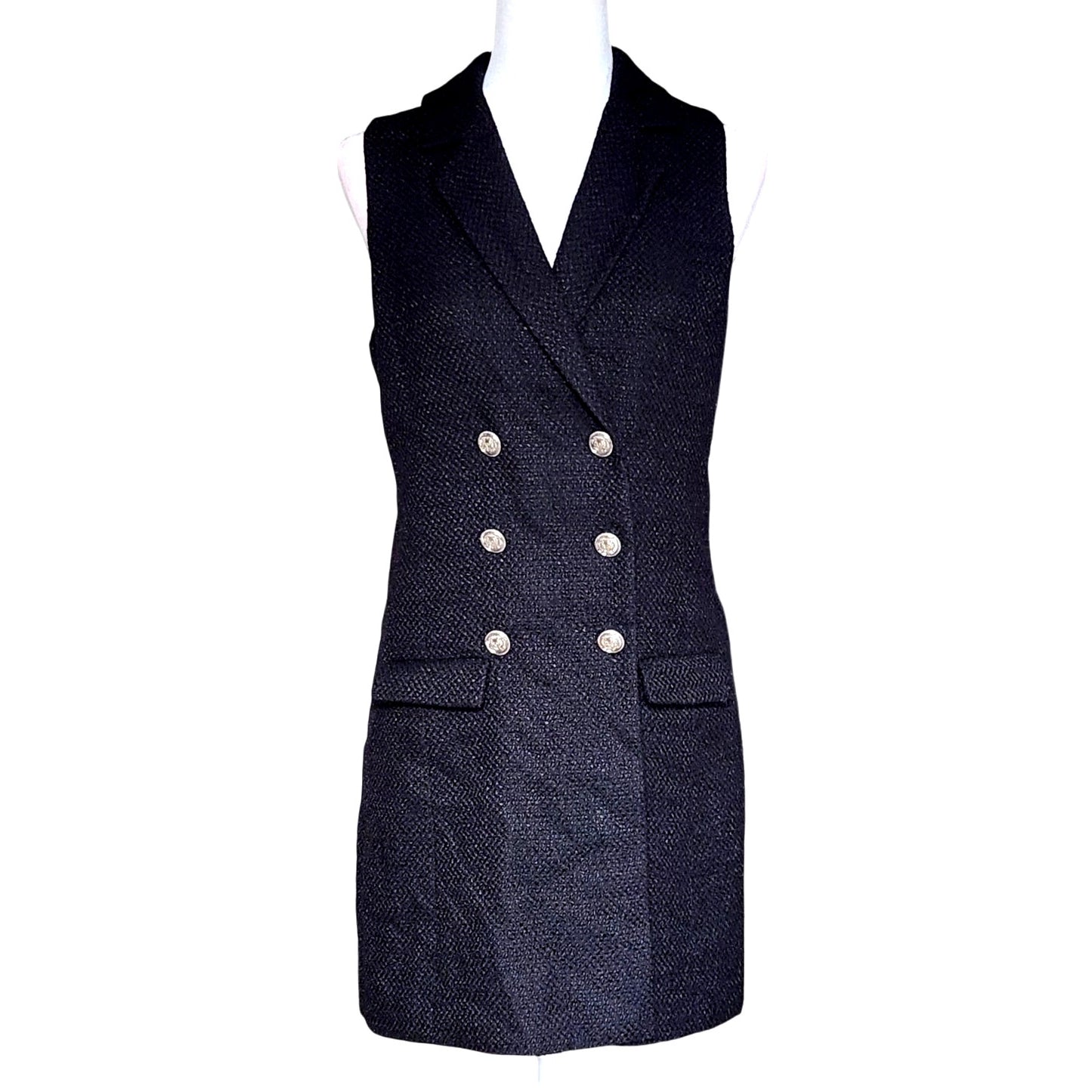 Black Boucle Tweed Sleeveless Double-Breasted Blazer Dress | Women's S