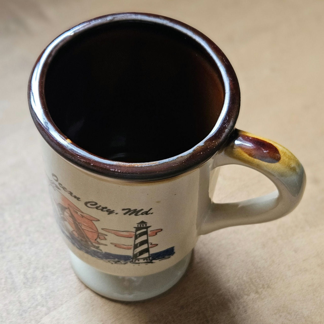 Vintage Ocean City, Maryland Mug Set – Nautical Sailboat & Lighthouse – 1980s Maryland Souvenir Coffee Cups – Coastal Barware Pair