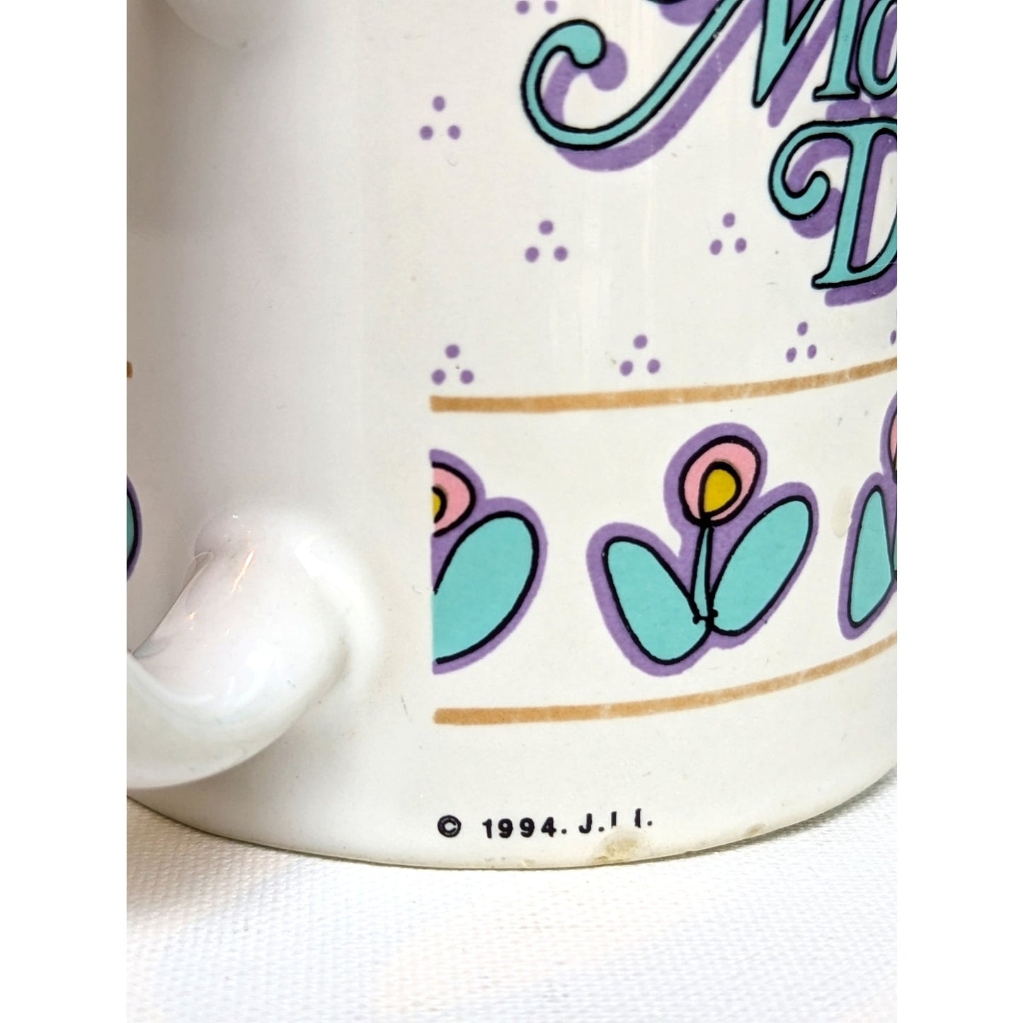 Vintage 1990s Mother’s Day Mug | 1994 Retro Ceramic Coffee Cup | Aqua & Purple Floral Design | Home Gift for Mom