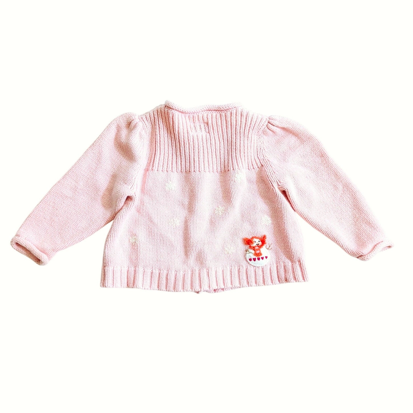 Talbots Kids Vintage 1990s Baby Girl Winter Cardigan | Pink Cotton Knit Sweater with Snowman Appliques | Puff Sleeves 12M | Eczema-Friendly