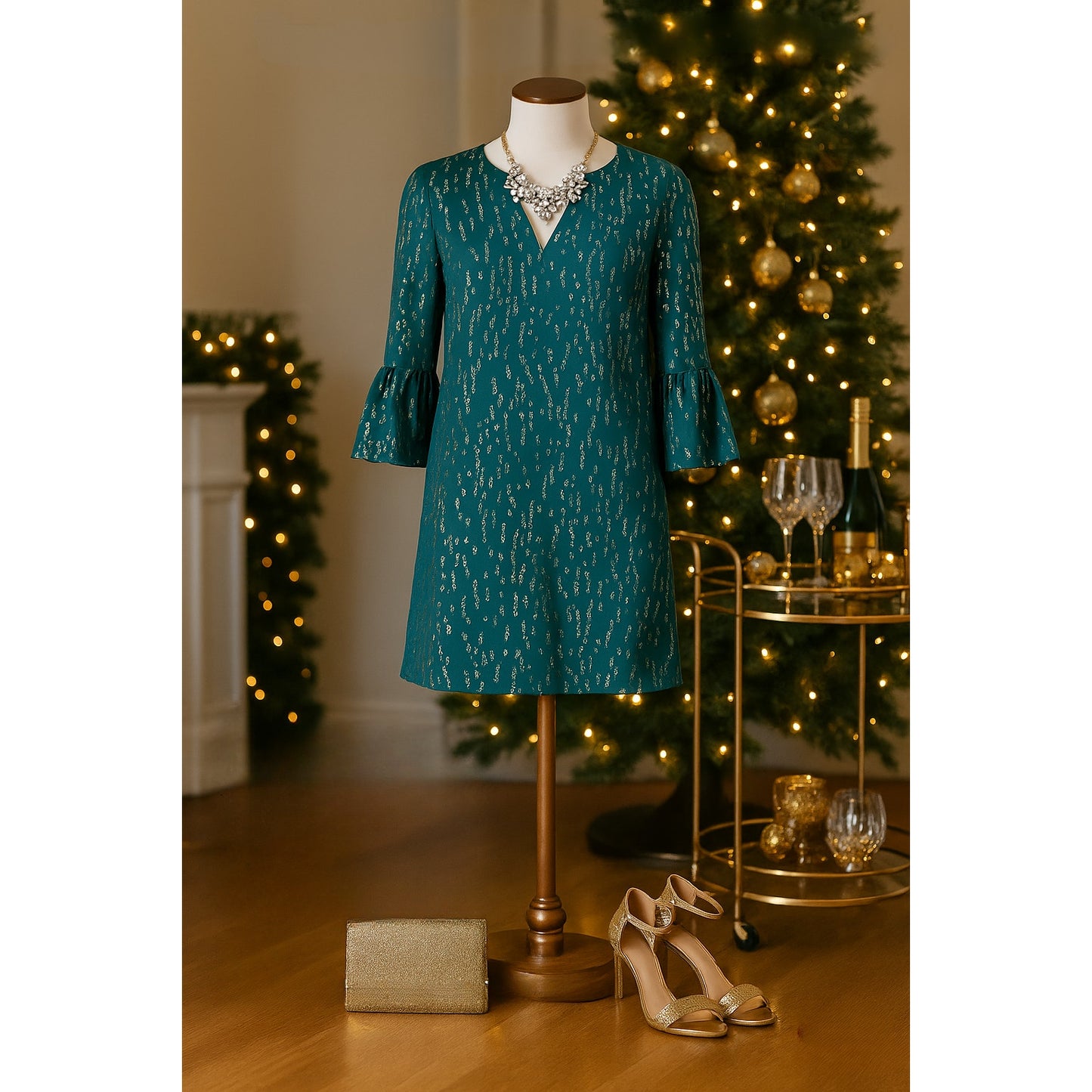 Lilly Pulitzer Women's Elenora Silk Teal & Metallic Gold 3/4 Sleeves Mini Dress Size S