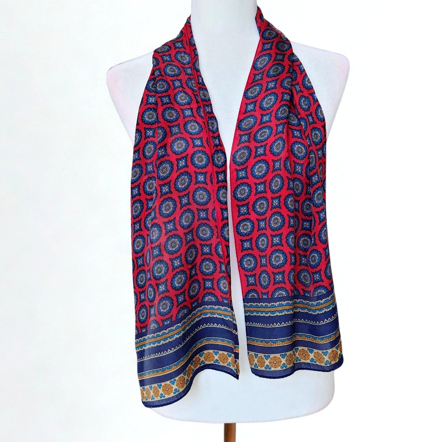 Vintage 1990s Women's Club 7 Echo Silk Scarf – Red & Navy Geometric Print – 26"x11"