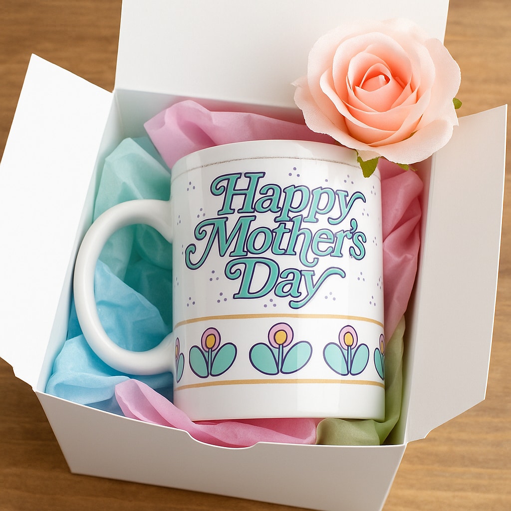 Vintage 1990s Mother’s Day Mug | 1994 Retro Ceramic Coffee Cup | Aqua & Purple Floral Design | Home Gift for Mom