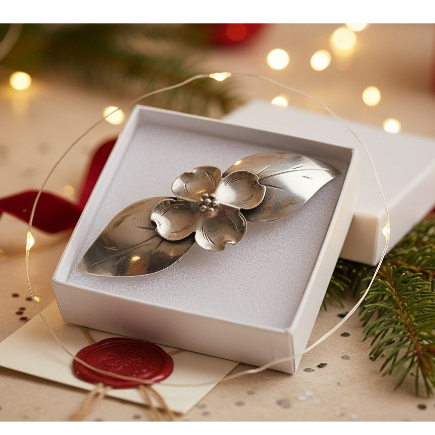 1940s Sterling Silver Dogwood Brooch | Handwrought Signed Silver Floral Pin