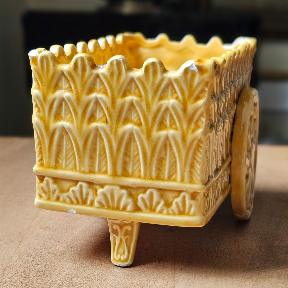 Mid-Century Art Deco Wagon Planter  1940s–1950s Ceramic | Architectural Relief | Honey Glaze