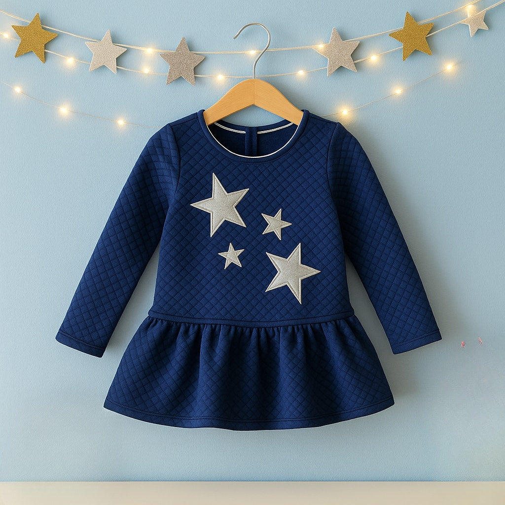 ✨ Nannette Kids Blue Quilted Dress Sparkly Silver Stars Drop Waist | Girls Size 6