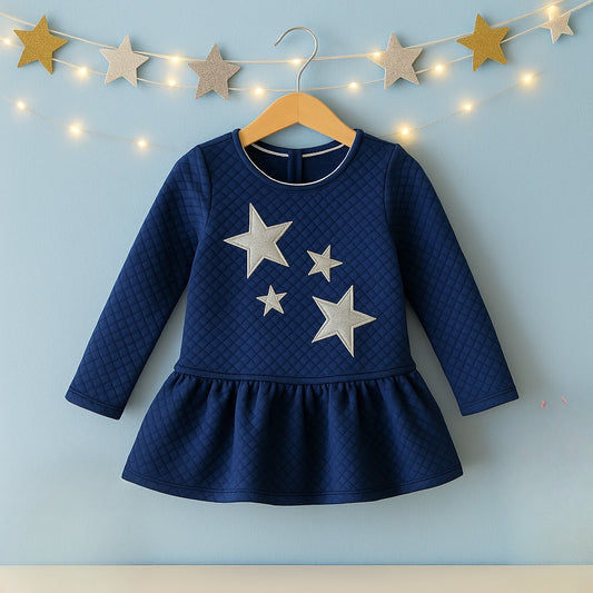✨ Nannette Kids Blue Quilted Dress Sparkly Silver Stars Drop Waist | Girls Size 6