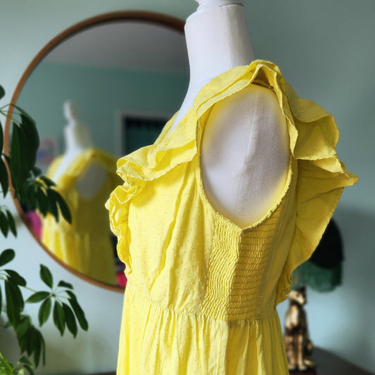 Hatley Women's Yellow Swiss Dots Smocked Ruffles Aria Midi Dress Size M 100% Cotton