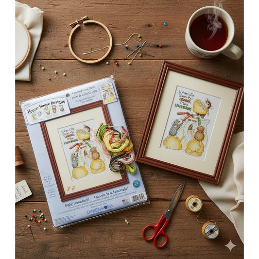 House-Mouse Cross Stitch Kit “Make Lemonade” – Dimensions 2006 – Counted Cross Stitch 5x7 – New Unsealed – Vintage Craft Kit | Home