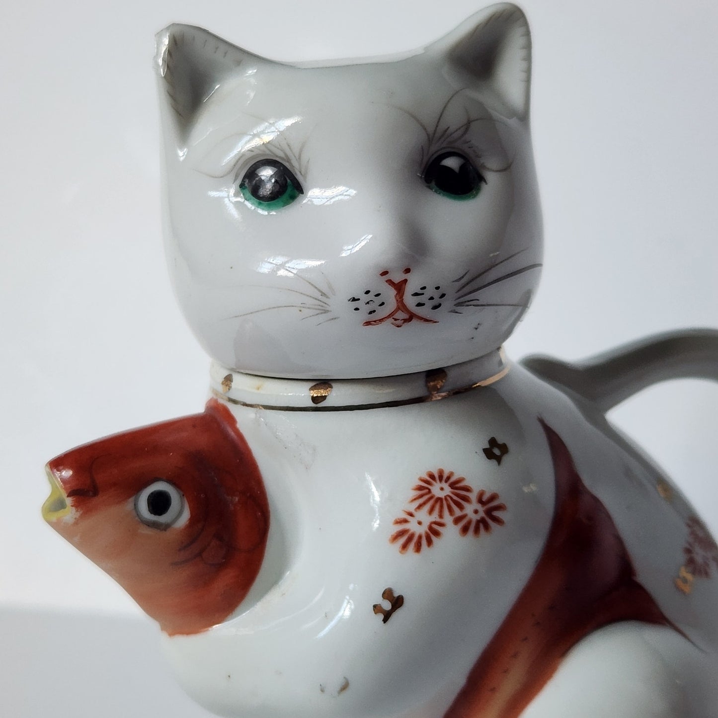 Vintage Cat & Koi Porcelain Teapot • Hand-Painted Lid/Spout • Metallic Gold