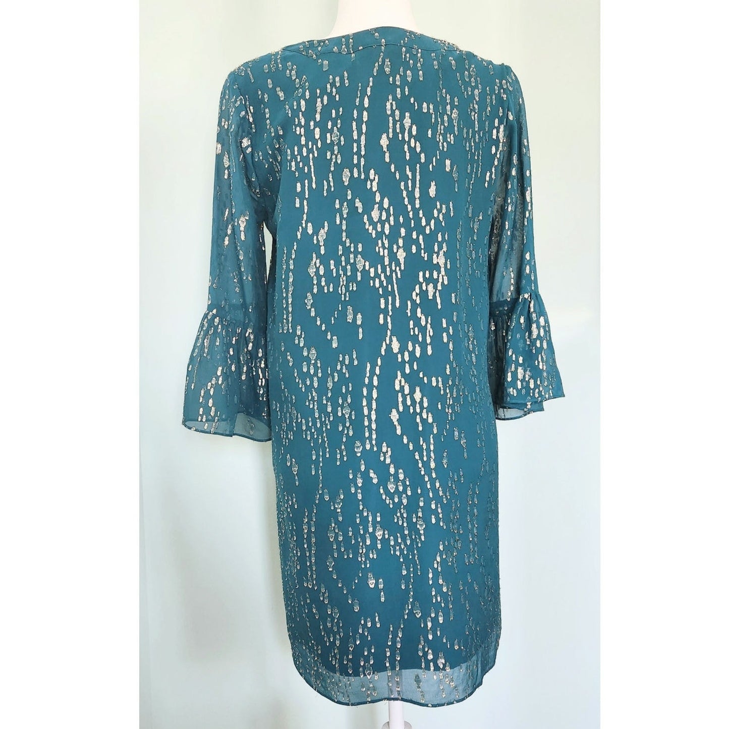 Lilly Pulitzer Women's Elenora Silk Teal & Metallic Gold 3/4 Sleeves Mini Dress Size S