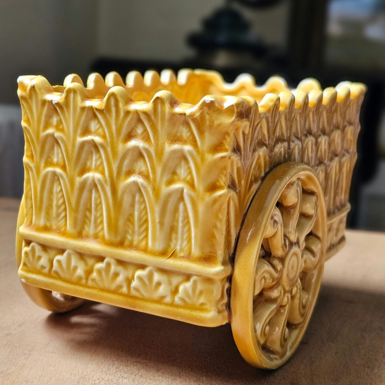Mid-Century Art Deco Wagon Planter  1940s–1950s Ceramic | Architectural Relief | Honey Glaze