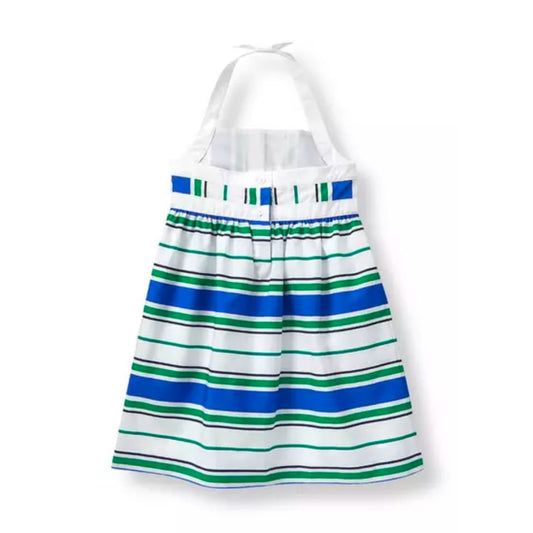 Janie and Jack Meadow Green & Blue Striped Poplin Halter Dress Size 6-12 months