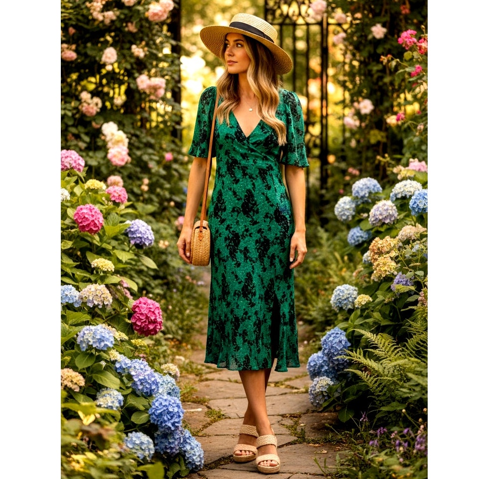 Caroll Paris Women's Green Crinkle Midi Dress Size 6 US | 38 EU