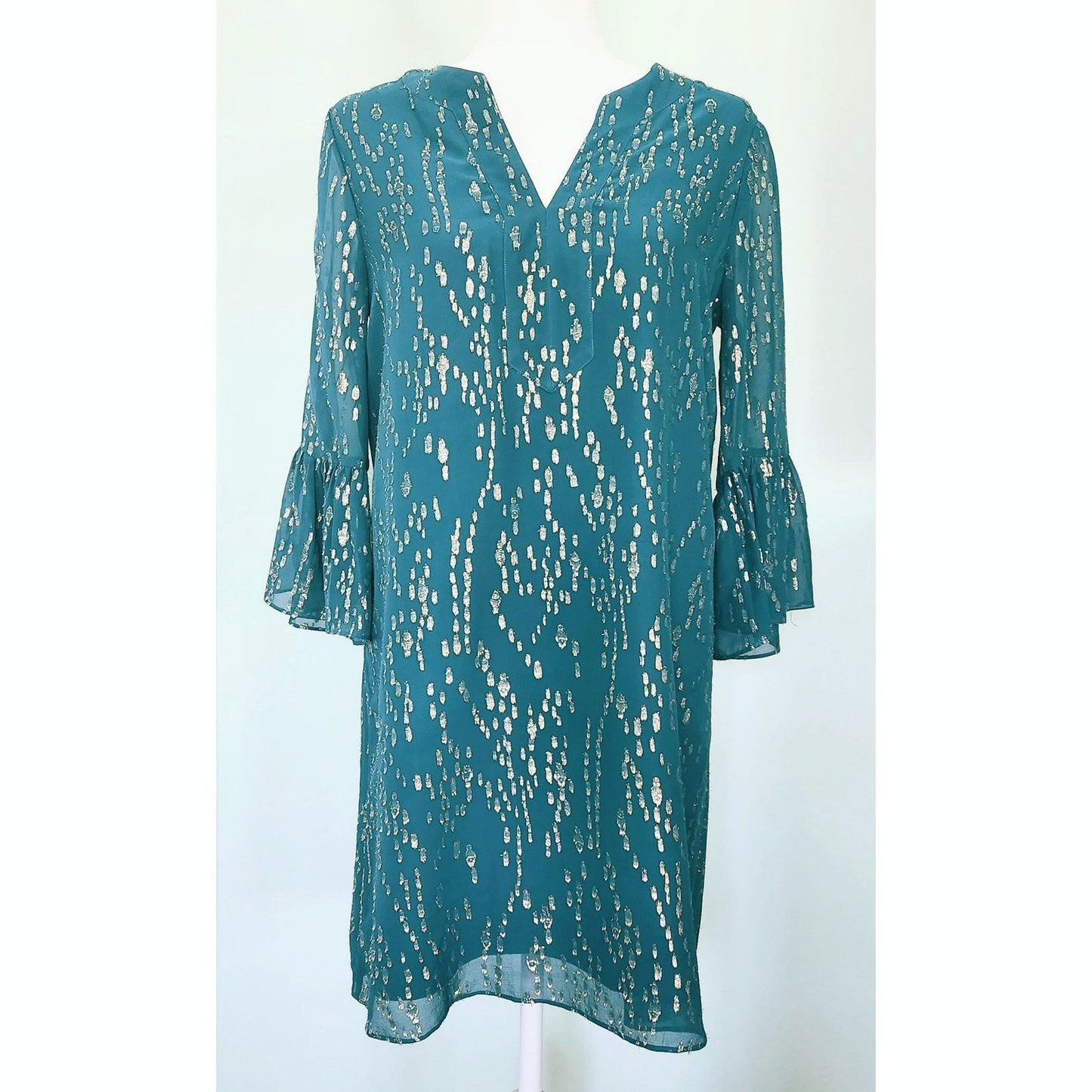 Lilly Pulitzer Women's Elenora Silk Teal & Metallic Gold 3/4 Sleeves Mini Dress Size S