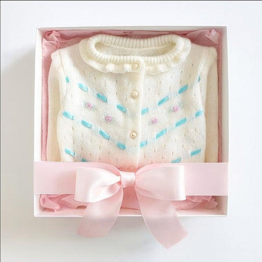 Vintage 1950s Baby Girl Cardigan Sweater | White Knit w/ Floral Embroidery & Ribbon | Size 2T | Heirloom Retro Easter Outfit