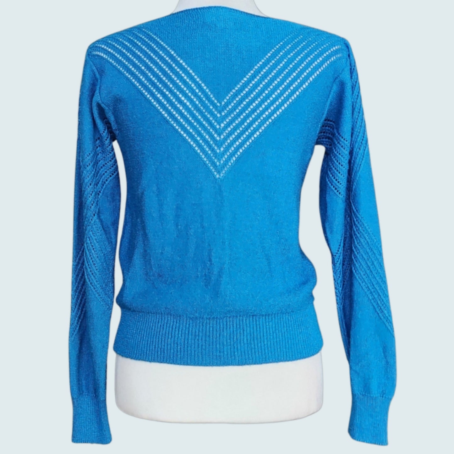 1980s Oscar de la Renta Bright Blue Knit Sweater | Chevron Detail V-Neck | Women's S