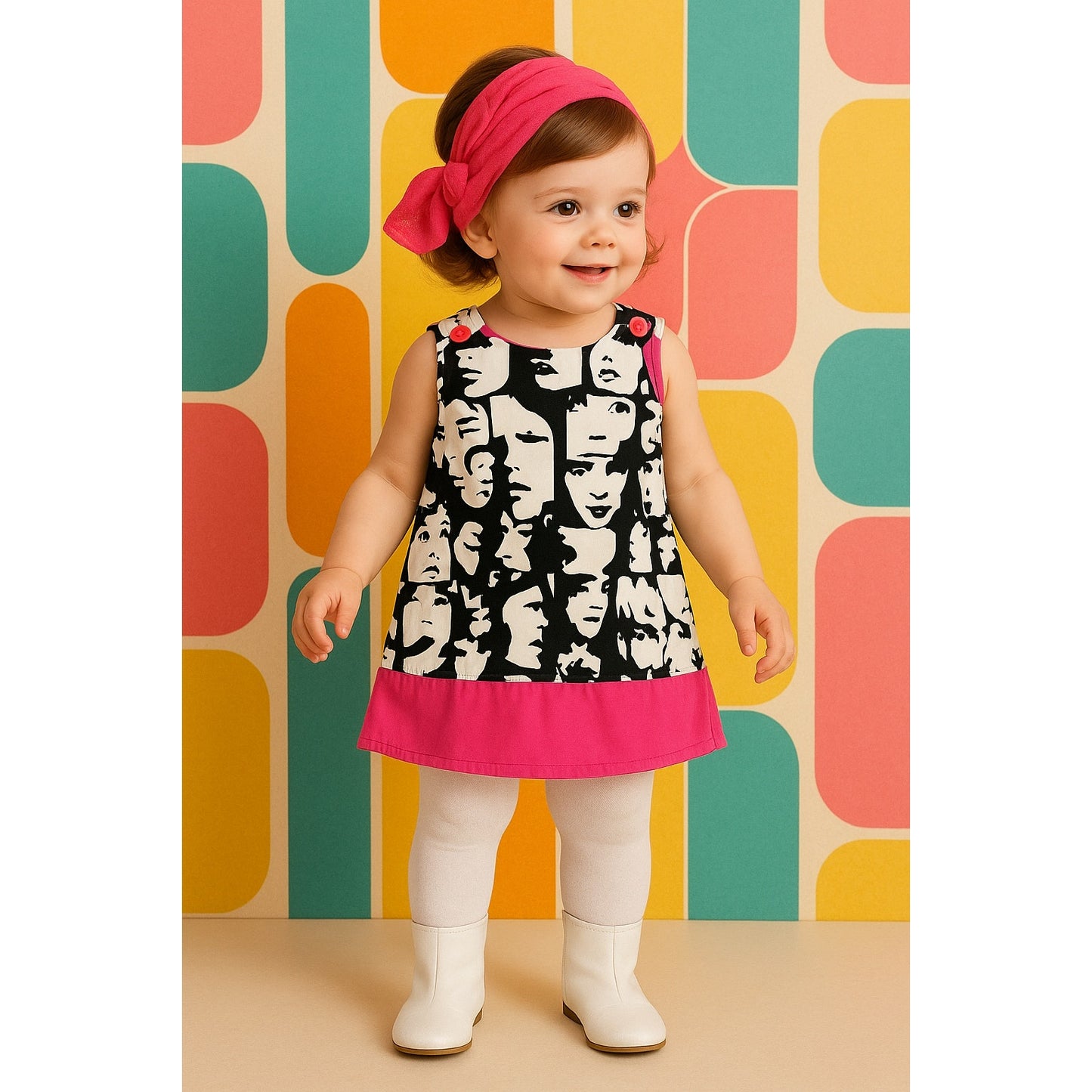 Tiny Modernist Retro Faces Baby Go-Go Dress – Pink, Black & White – Size 12 Months