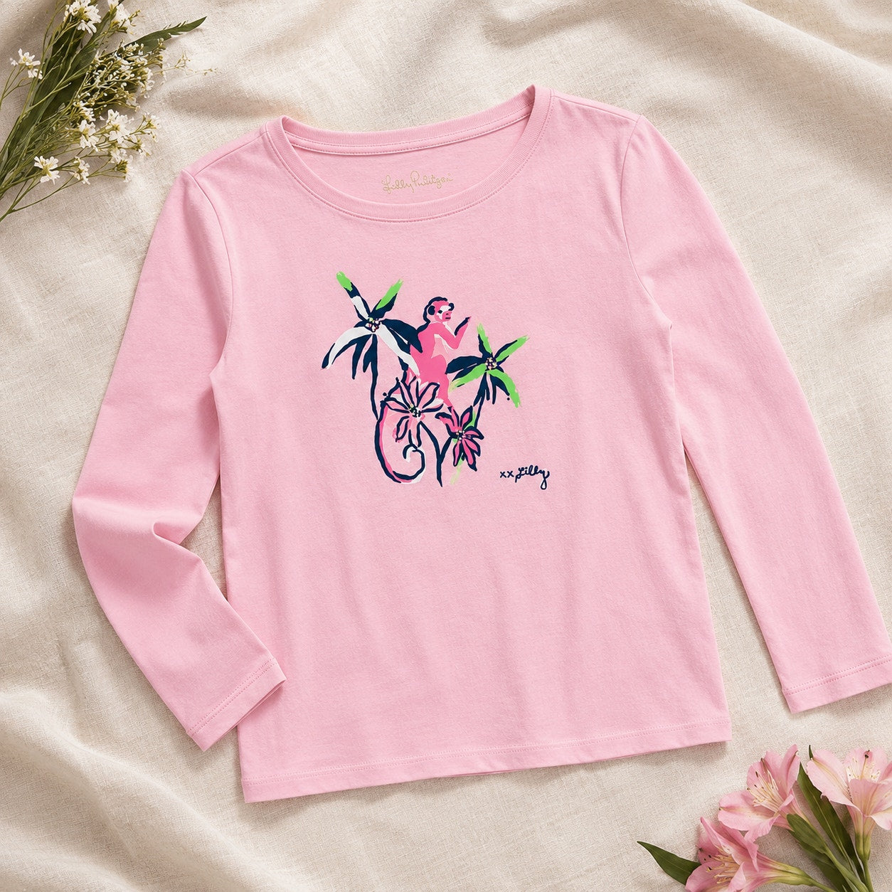 Lilly Pulitzer Girls’ Pink Jeweled Monkey Graphic 3/4 Sleeve Tee | Size M 8-10