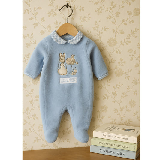 Rare Vintage 90s Beatrix Potter Peter Rabbit & Benjamin Bunny Blue Fleece Baby Bunting Footie | Size 3-6 Months | Easter & Winter Outfit