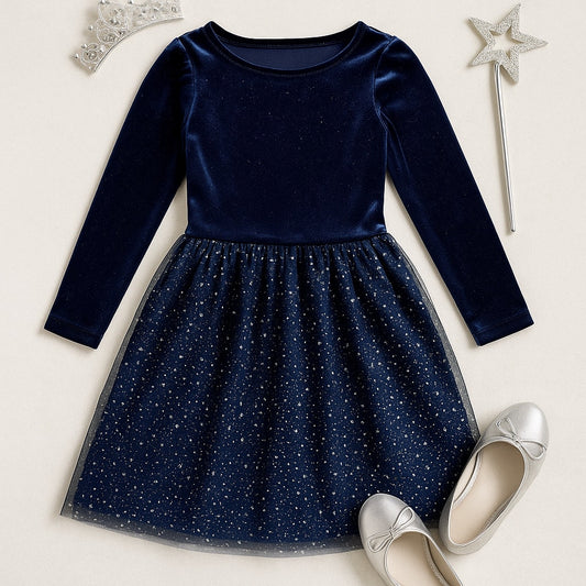 Crewcuts Girls’ Sparkle Velvet Dress Navy Blue XL – Long Sleeve Tulle Glitter Star Skirt Party Dress