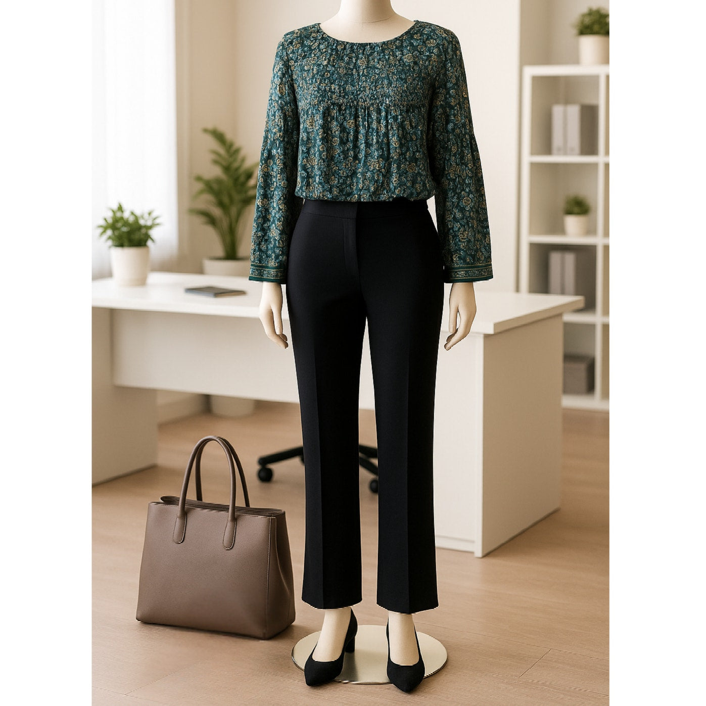 🛍️ Max Studio Women’s Green Floral Crepe Pleated Long Sleeve Blouse – Size L