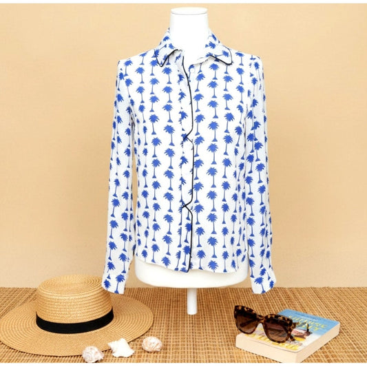 Topshop Women's Blue Palm Trees & Black Piping Button-Down Blouse Size US 4 | UK 8