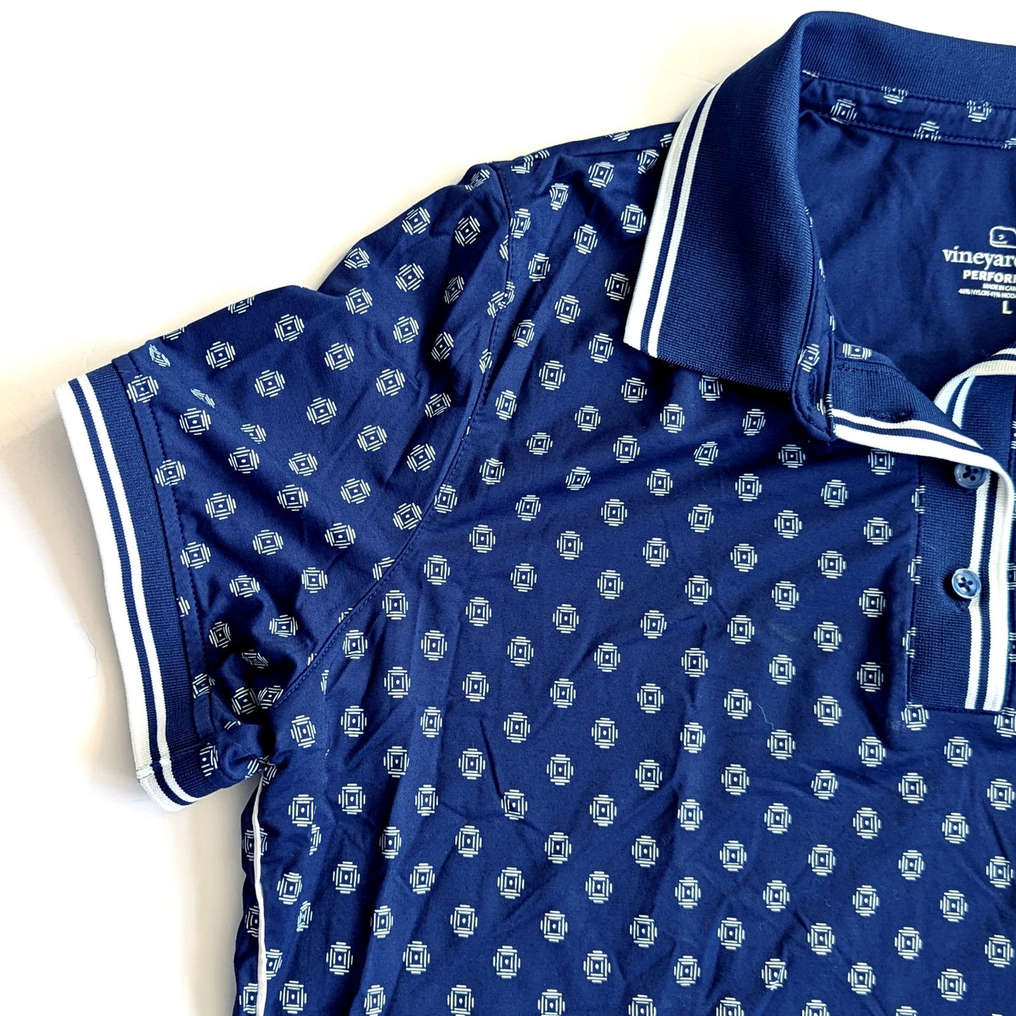 🐳 Vineyard Vines Women’s Performance Polo Navy Blue Geometric Print Size Large