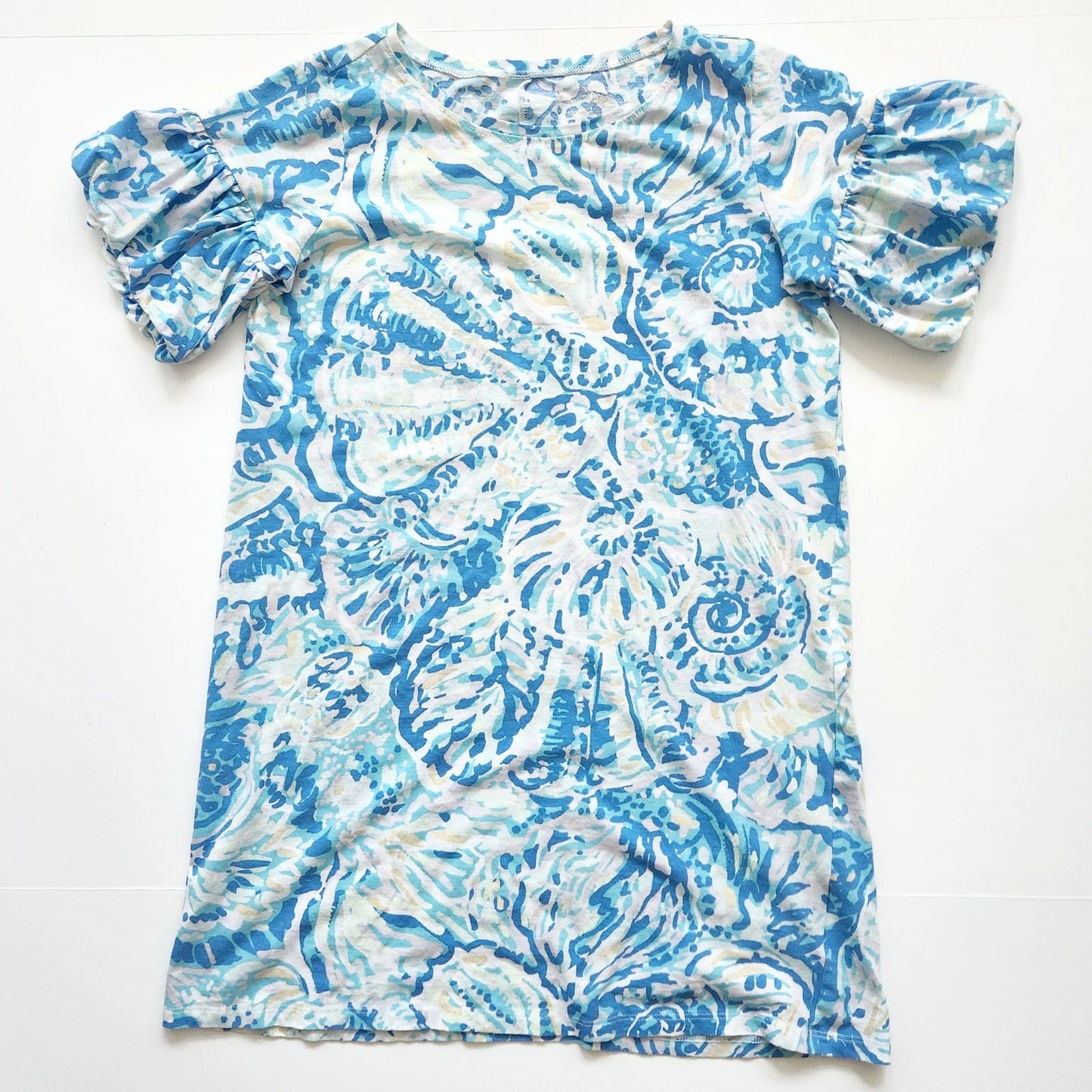 Lilly Pulitzer Girls Mini Linden Dress | XL 12-14 | Bennet Blue Shell Print Puff Sleeve Cotton