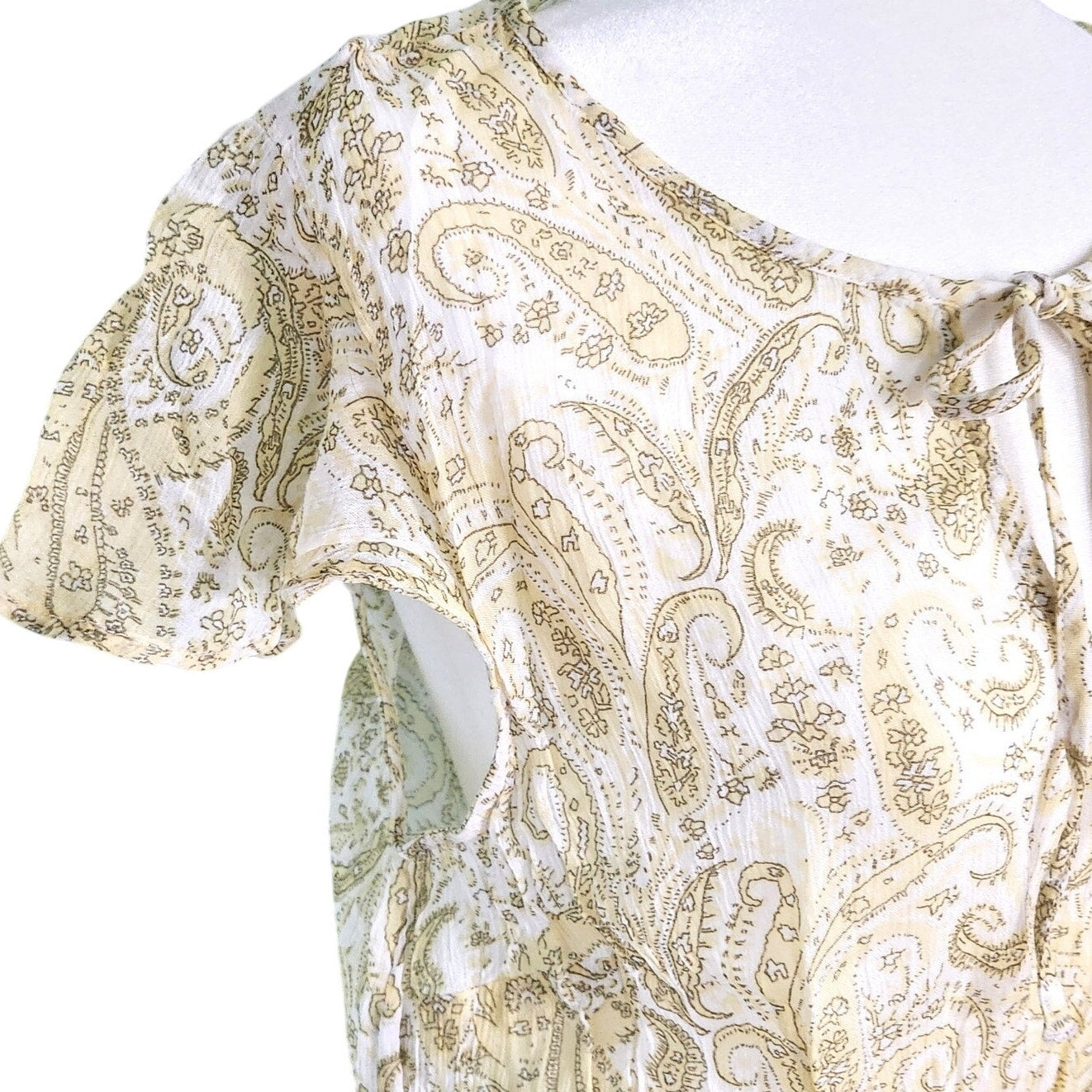 Lucky Brand Yellow Paisley Boho Midi Dress | Women's Size L | Short Flutter Sleeves Lightweight Summer