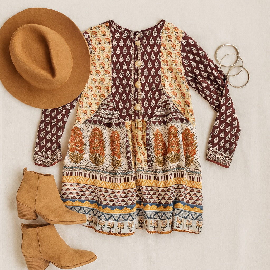Khaadi Cotton Pom Pom Long Sleeve Flare Tunic Boho Artisan Print | Women Size 8