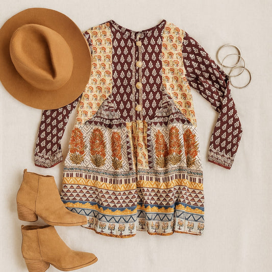 Khaadi Cotton Pom Pom Long Sleeve Flare Tunic Boho Artisan Print | Women Size 8