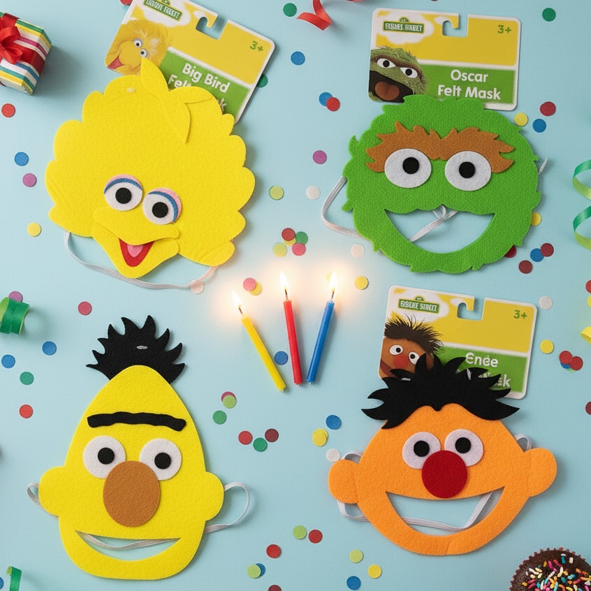 🧡 Sesame Street Felt Masks Set of 4 – Big Bird, Oscar the Grouch, Bert, and Ernie – Kids Dress-Up Party Favors Halloween
