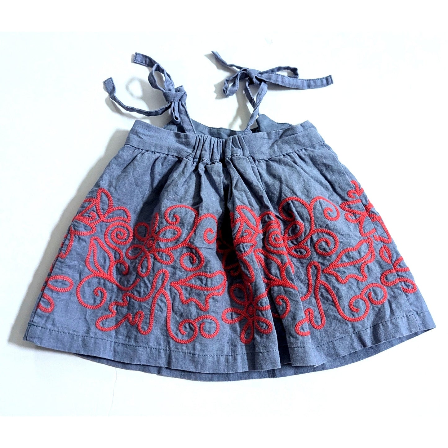 Tea	Collection Linen Blend Blue Chambray Red Embroidered Dress Size 3-6 months