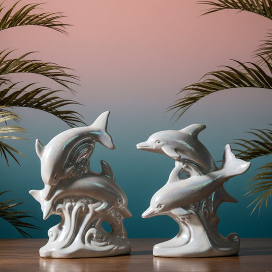 Pair of Vintage 1980s Iridescent Dolphin Figurines