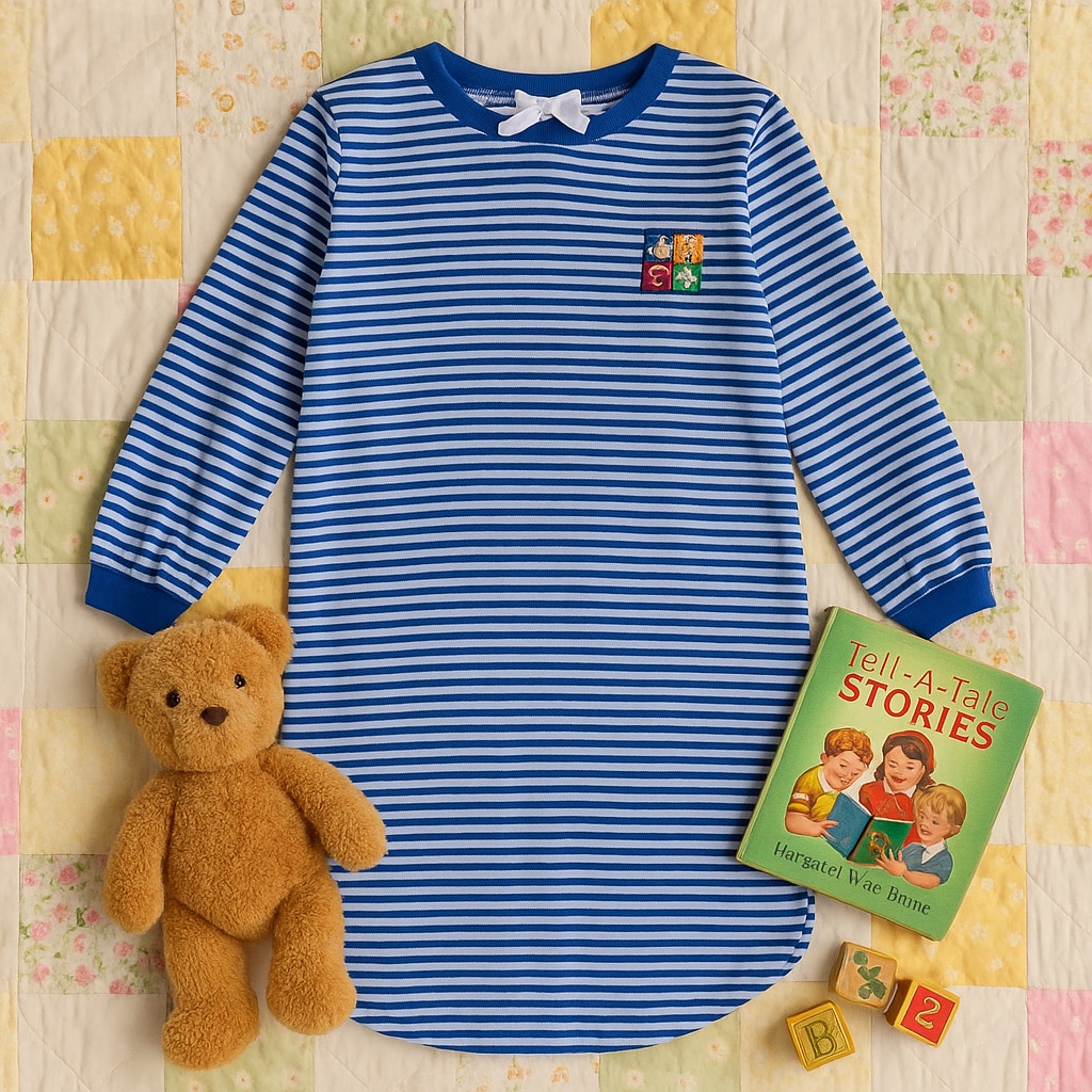 Vintage 90s Carter's Teddy Bear Nightgown | Blue White Striped Long Sleeve Girls Pajama Dress Size 8/10 USA Made