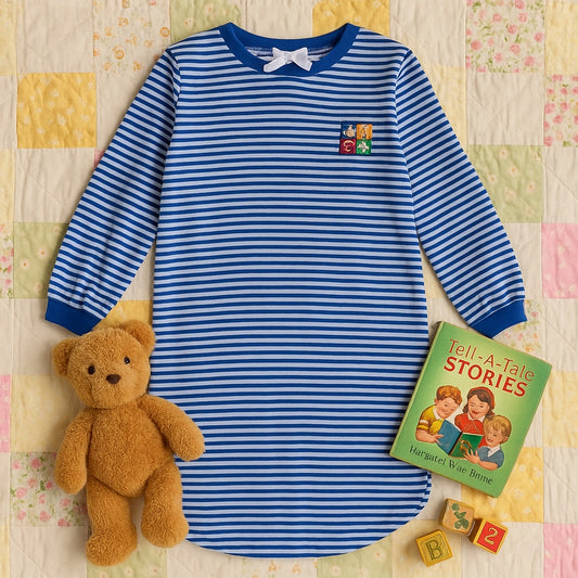 Vintage 90s Carter's Teddy Bear Nightgown | Blue White Striped Long Sleeve Girls Pajama Dress Size 8/10 USA Made