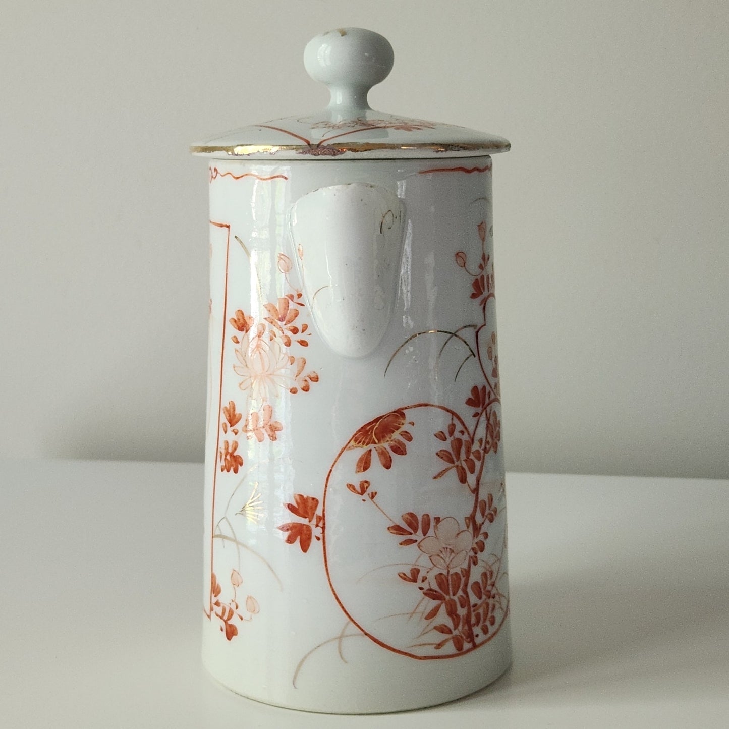 Antique Japanese Chocolate Pot | Early 20th Century Porcelain | Red Orange Floral Design with Gold Gilding | Bamboo Handle | Asian Decorative Teapot 7.5"