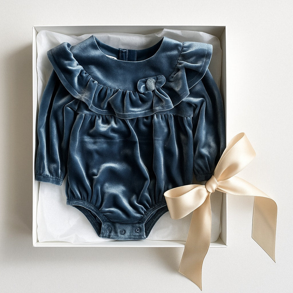 Mud Pie	Blue Velvet Baby Romper | Long Sleeve Ruffle One Piece | NWT | Size 3-6M