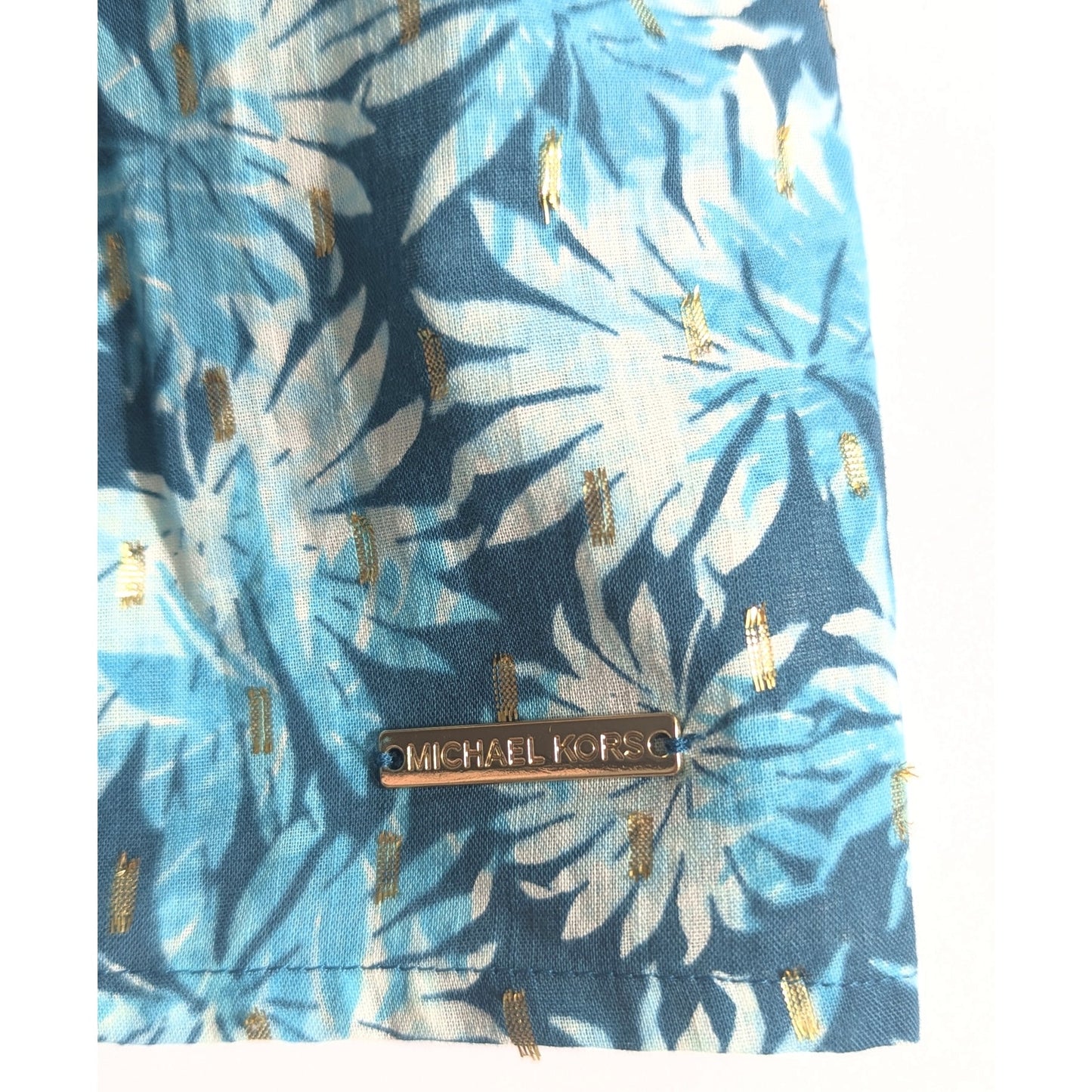 Michael Kors Women's Off Shoulder Metallic Gold Detail Floral Blouse in Nassau Teal Size S